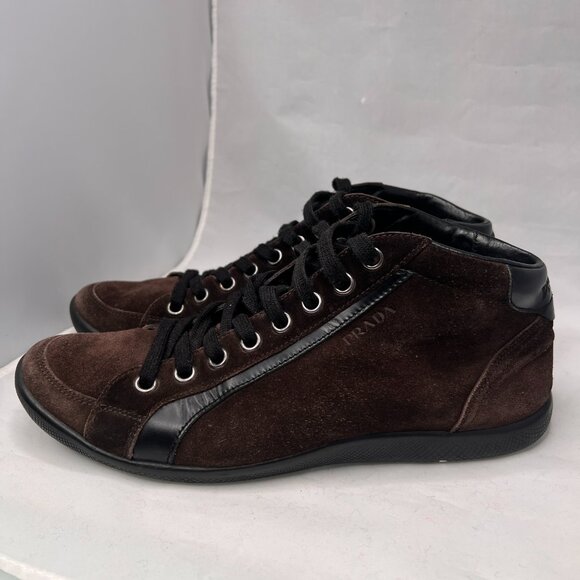 PRADA High Top laced Up Sneaker Suede Brown size 10.5 - Picture 8 of 14